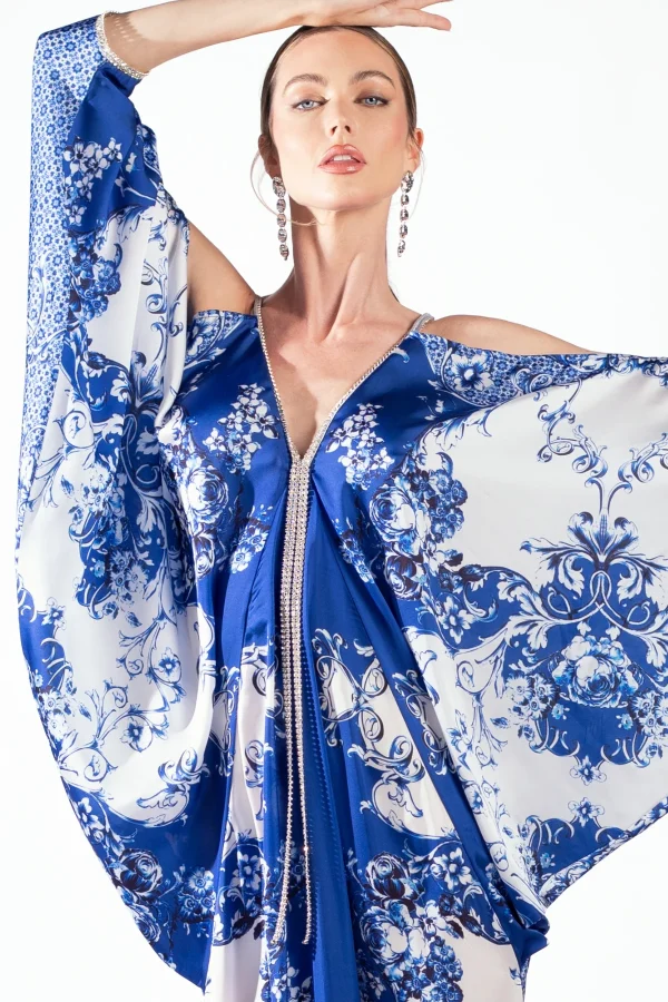 Maidy Chaina White Blue Silk - Long Dress - Image 3